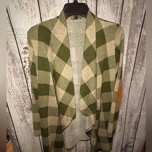Lightweight Green and Tan Plaid Cardigan - Tan Patches - See Measurements